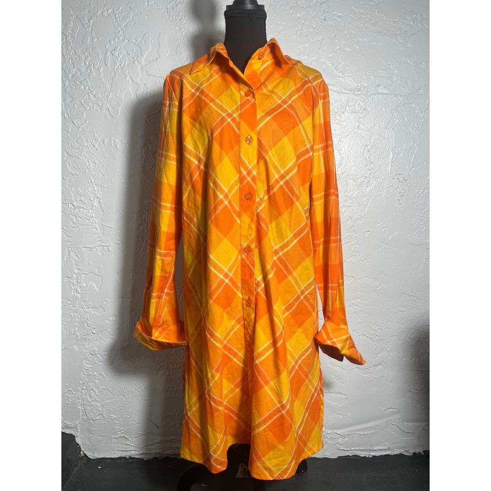 NWT Original Anthony Orange Yellow Plaid Cotton Shirt Dress Size S